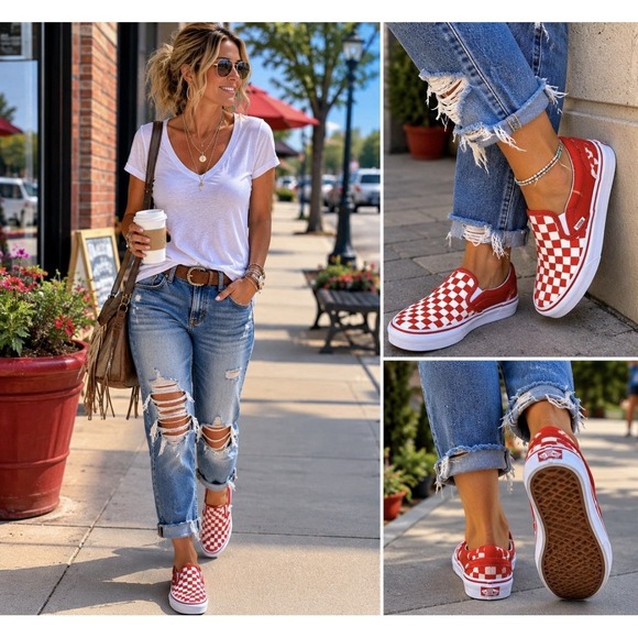Vans Shoes - Vans Shoes Womens 6 Classic Slip On Skateboarding Checker Sneakers Red White